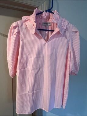 Periwinkle by Barlow Pink and White Striped Ruffle Neck Top